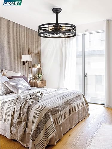 Miniatura 7 de LEDIARY - Ventilador de techo 22 pulgadas con jaula y luz, diseño industrial sin aspas, estilo granja, para cocina, dormitorio, exterior, control