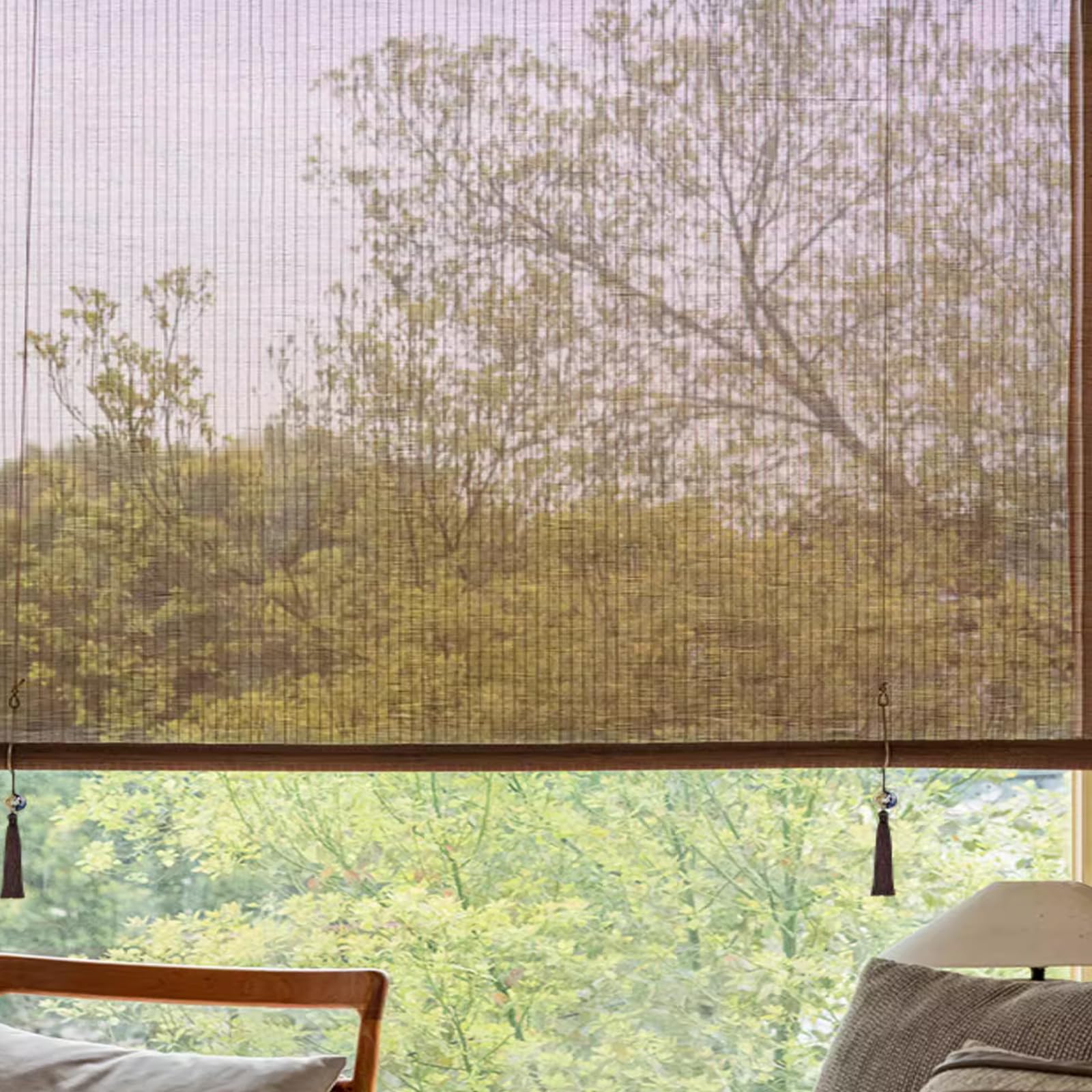 Kasztanowe rolety bambusowe, ręcznie tkane, chroniące przed promieniowaniem UV, oddychające, zwijane żaluzje z akcesoriami (szer. 45 x wys. 150 cm (szer. 18 x wys. 59 cm)