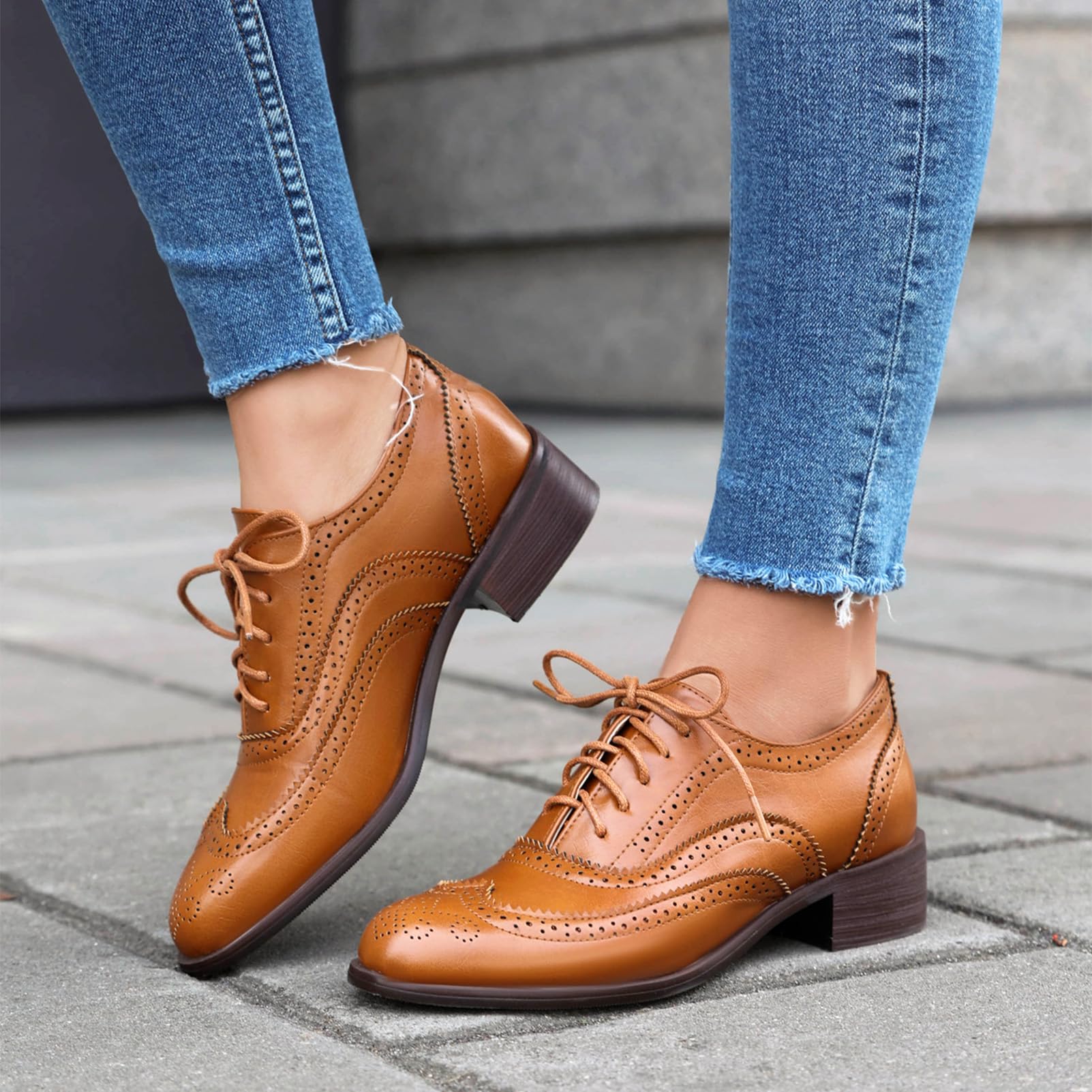 ANUFER Mujeres Tacón de Bloque Wingtip Brogues Caña Baja Oxfords Zapatos de Salón