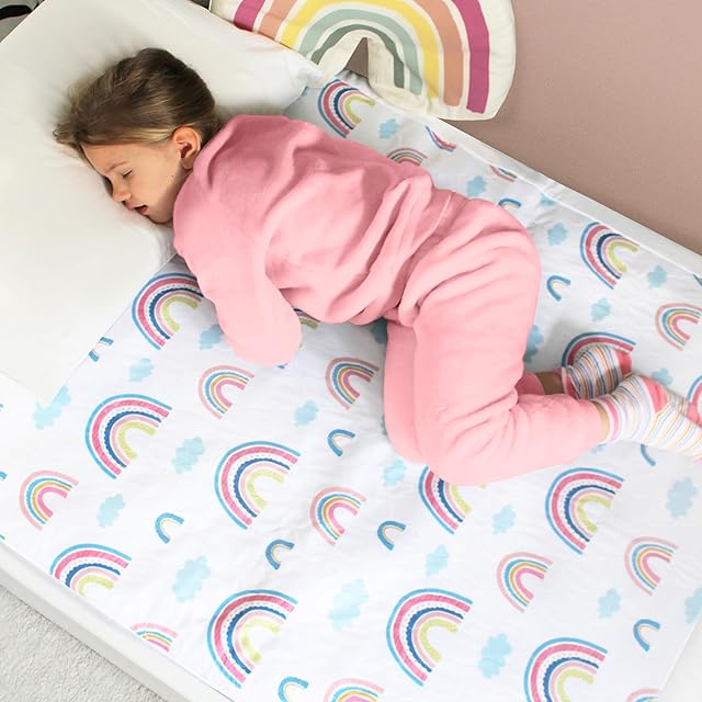 Dziecięcy wodoodporny ochraniacz na materac / podkładka na łóżko na pojedyncze łóżko | 85 cm x 90 cm z zakładkami | Zmywalne prześcieradło do zwilżenia łóżka (Rainbow)