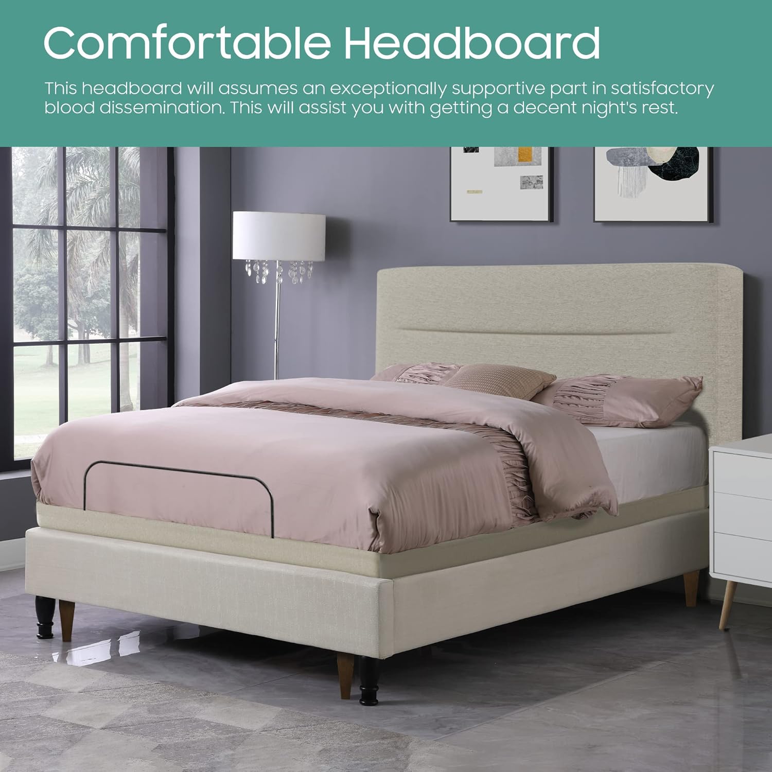 Treaton Adjustable Bed Base 15-inch with Wireless Controlling System, Stylish Headboard with USB Charging Facilities, Led Lights, Head and Foot Incline, Messager System, Twin, Beige