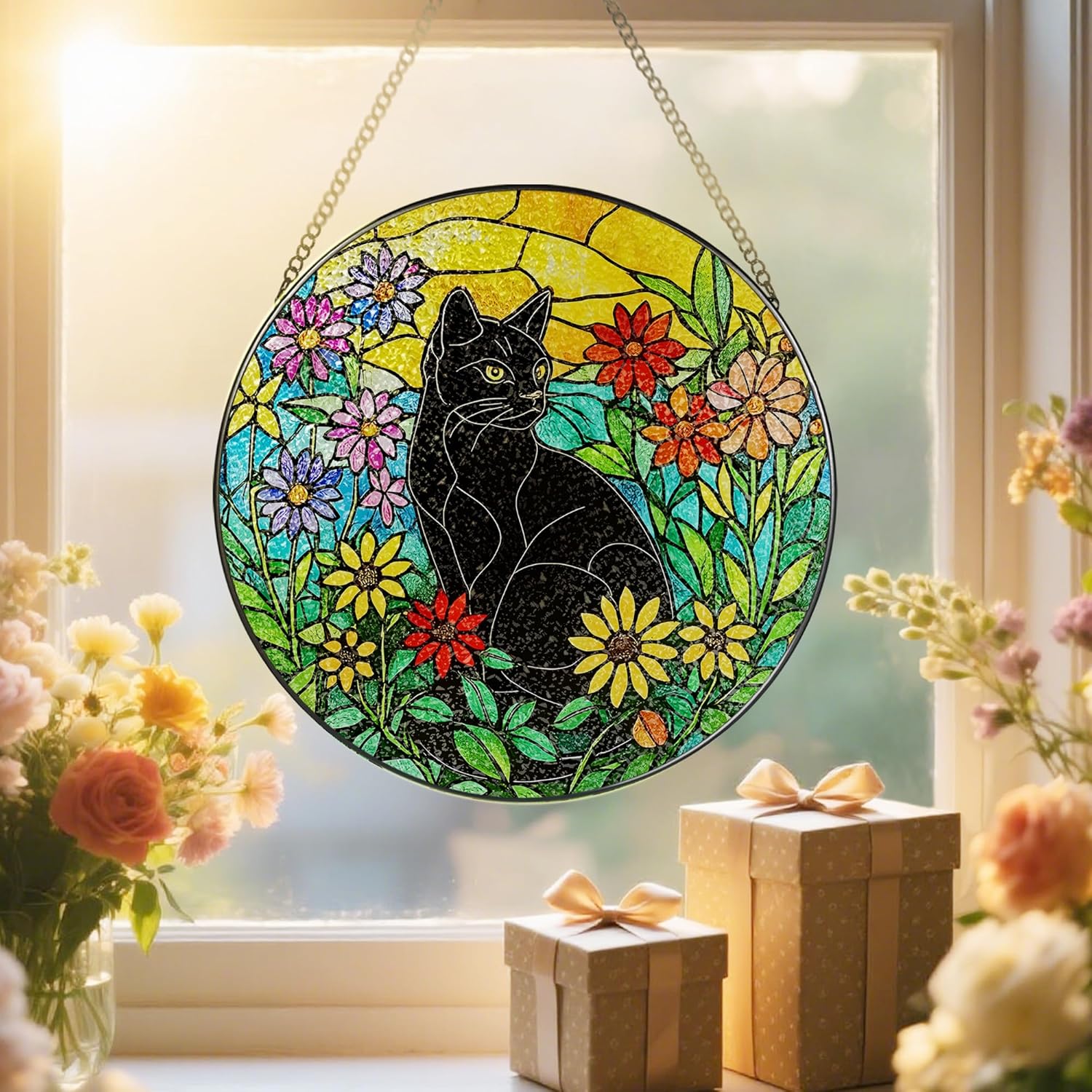 Black Cat Stained Glass Window Hanging, 8 Inch Sun Catchers Indoor Window, Suncatchers for Windows Hanging, Home Decor and Christmas, Festival, Mother's Day, Birthday, Gifts for Women, Men, Cat Lovers - Image 5