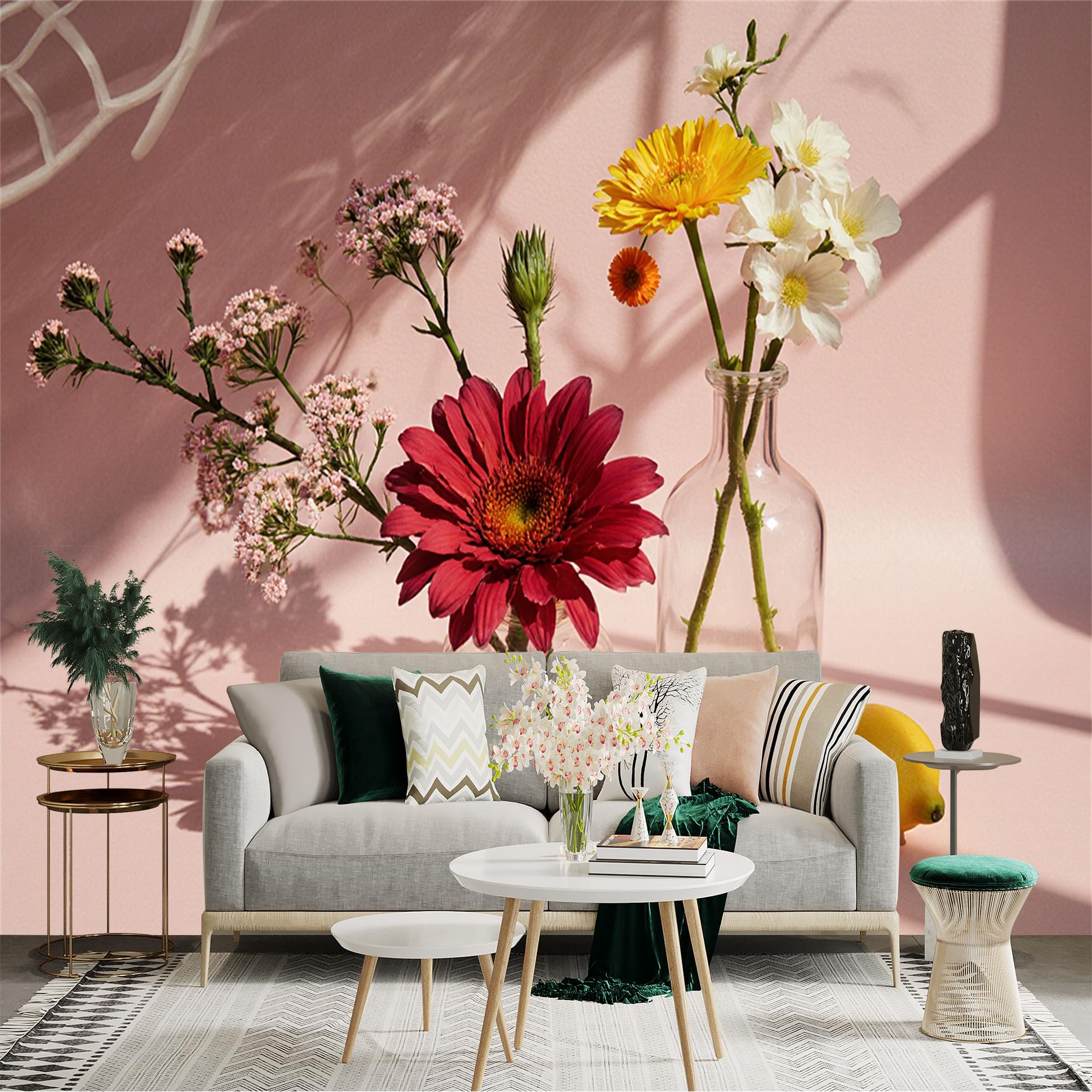 Custom Size Wall Sticker Mural， Still Life with Pink Background， Blooming Summer Flowers in Glass Vases， Fresh Yellow Lemons， for wall Decoration， peelandstick wall Decals.