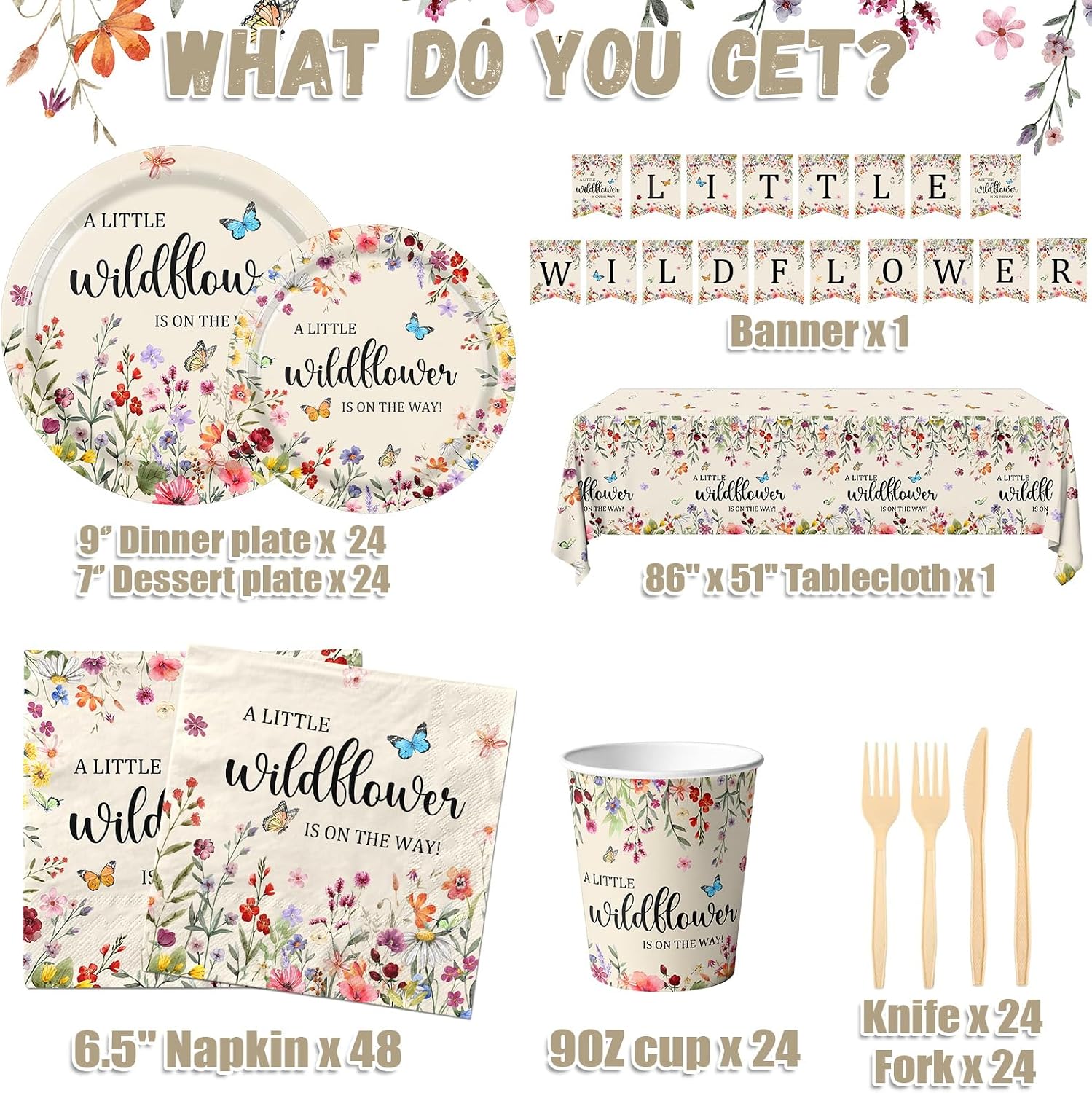 170Pcs Wildflower Baby Shower Decorations for Girls A Little Wildflower Is On The Way Plates Napkins Cups Tablecloth Banner for Spring Summer Floral Party Decor