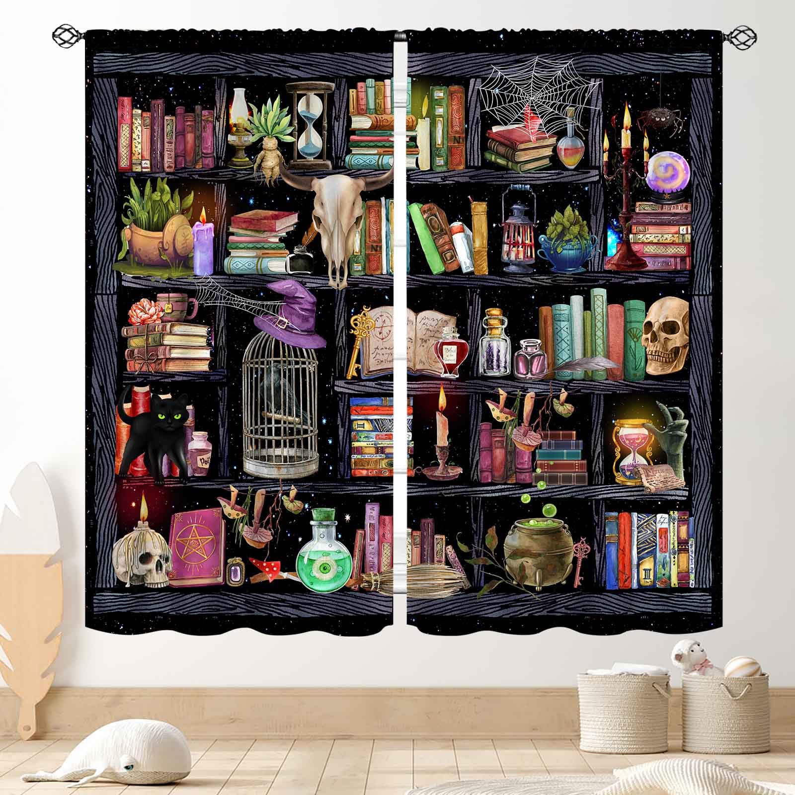 TKUYO Witchy Curtains, Fantasy Magical Vintage Bookshelf Mysterious Bookcase Gothic Skull Spooky Gothe Blackout Window Drapery Treatments for Bedroom Living Room Bathroom, 84"x63" Inch