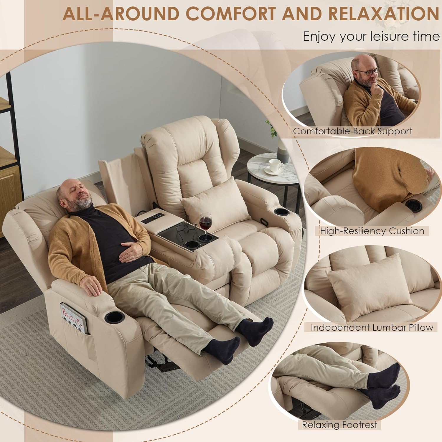 SAMERY 68" Reclining Loveseat Recliner Sofa with Storage Console, Fabric Recliner Chairs RV Theater Seating with Cup Holder, 6" Wall Hugger Loveseat Sofa Couch for Living Room RV Furniture Sets