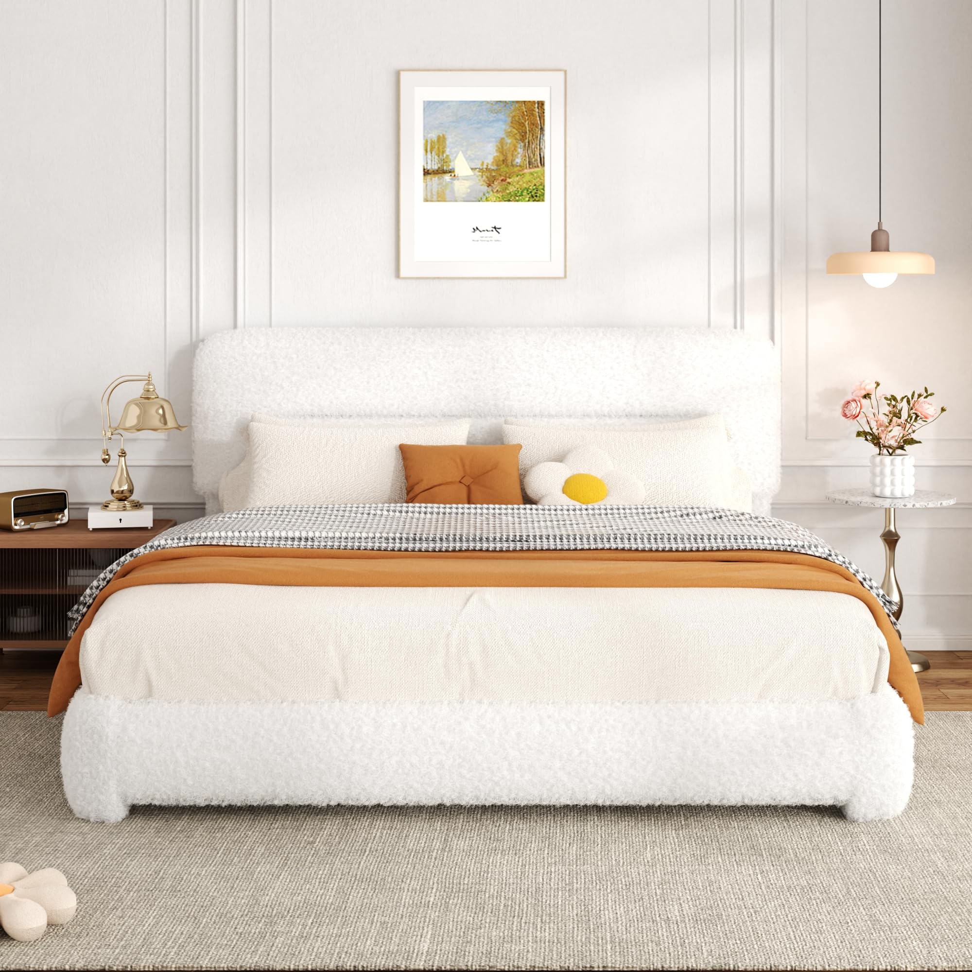 King Size Bed Frame Boucle Upholstered Platform Bed Frame with Adjustable Headboard Cloud Bed with Soft Rounded Corners