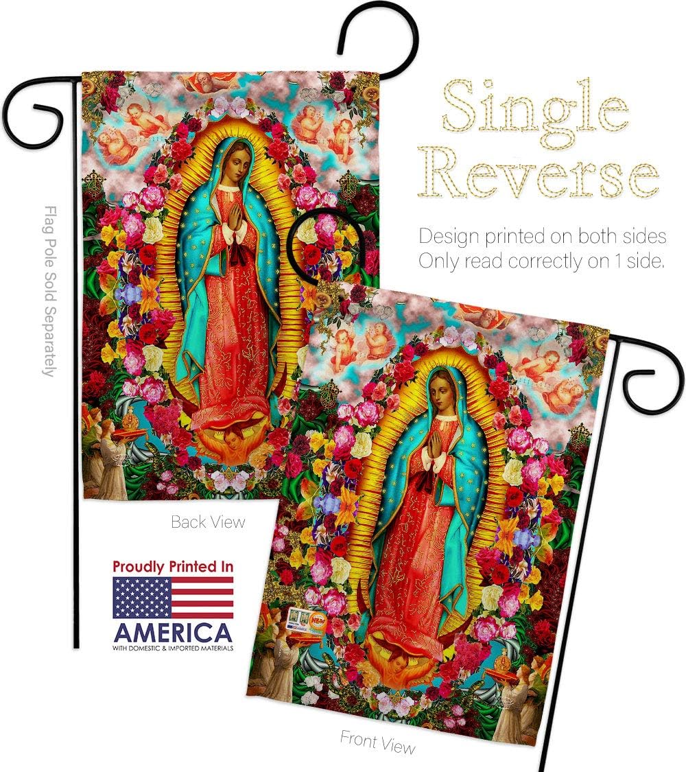 Our Lady of Guadalupe Garden Flag Set Wall Holder Religious Faith Hope Grace Peace Dove Christian Religion Easter Small Decorative Gift Yard House Banner Made In USA 13 X 18.5