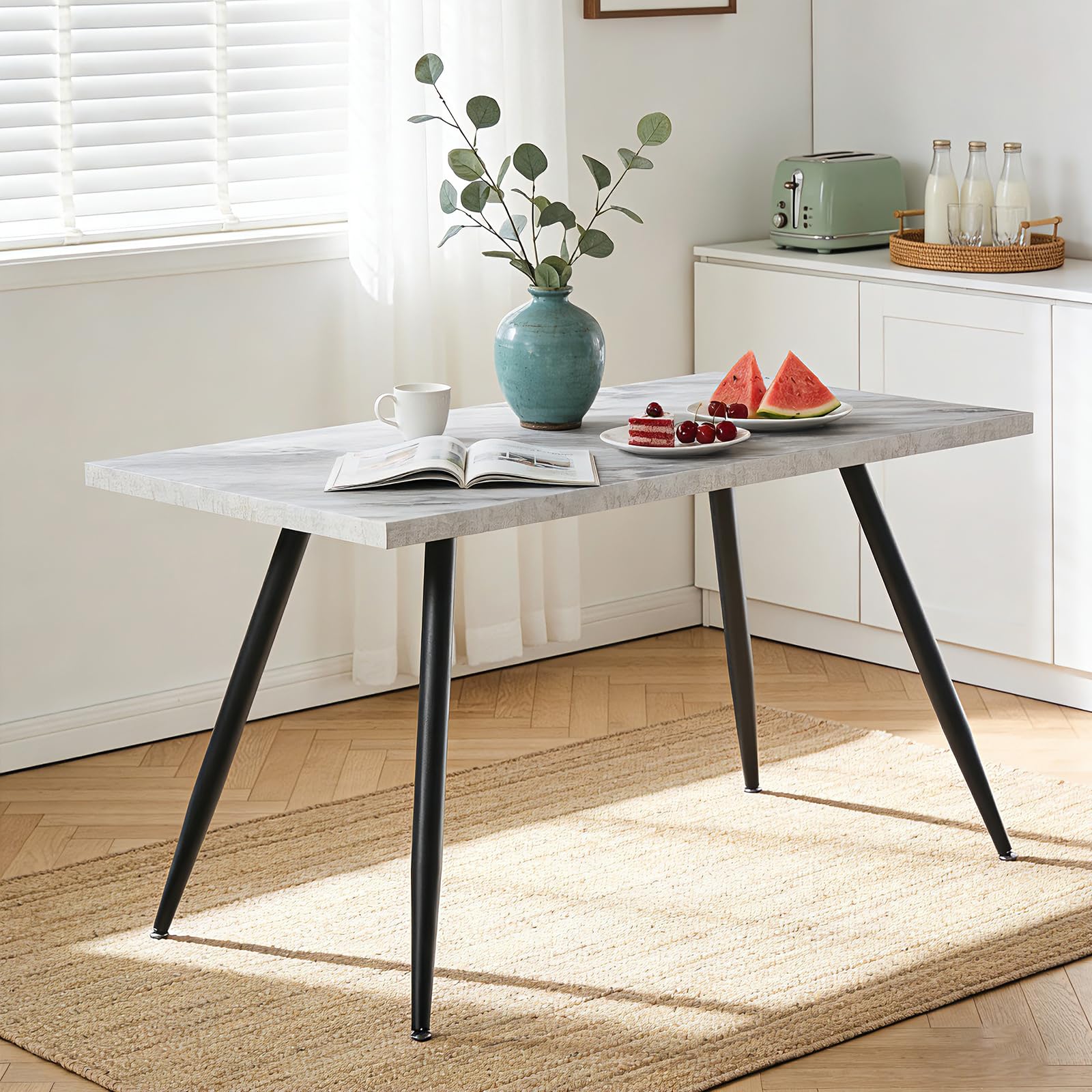 JaHECOME 120cm Dining Table White Marble Effect Top for 4-6 People Kitchen Table with Sturdy Metal Legs Rectangular Shape(120 x 70 x 76)