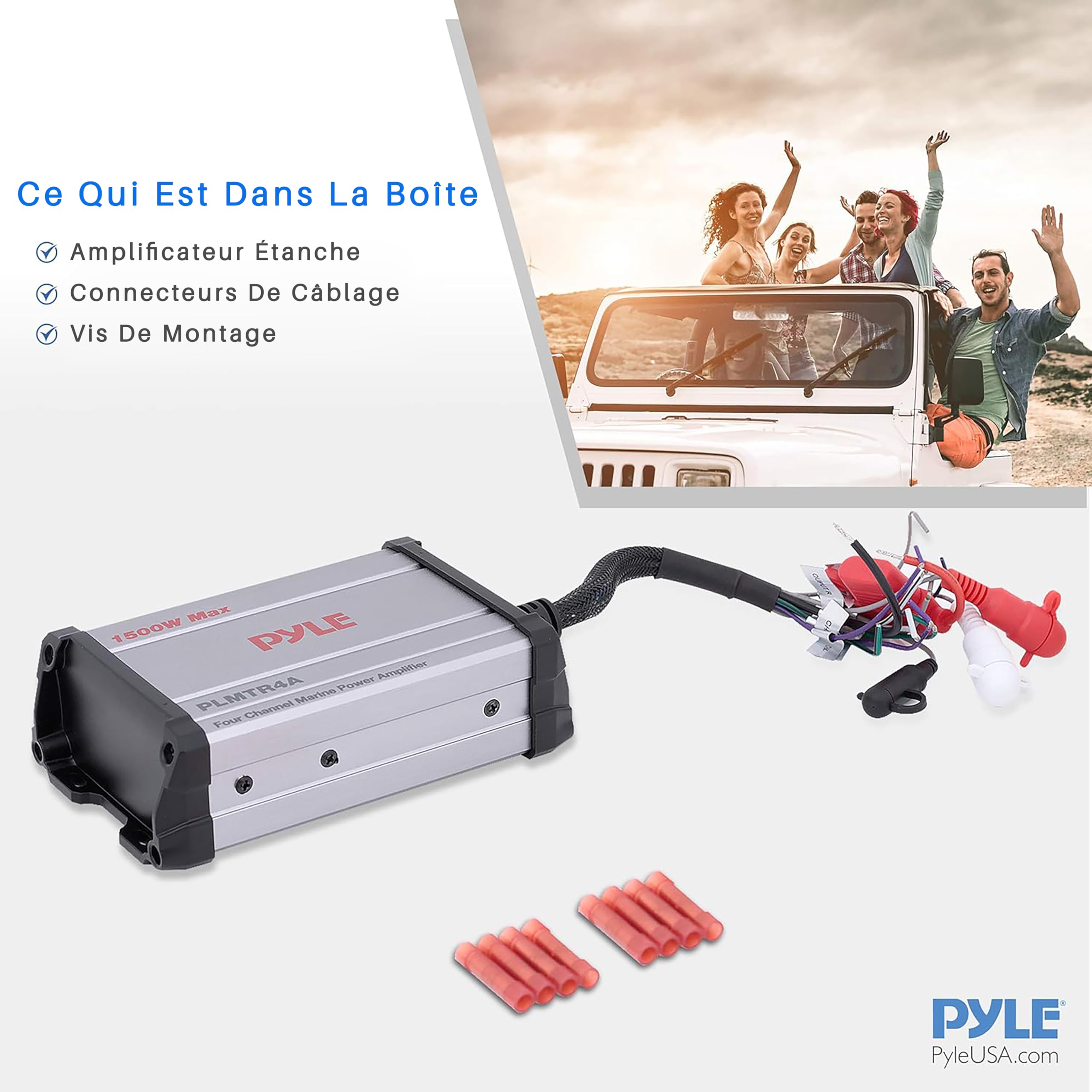 Pyle Récepteur Amplificateur Marin 4 Canaux - Subwoofer Audio Étanche et Résistant aux Intempéries pour Haut-parleurs Stéréo de Bateau et Autres Embarcations - Puissance de 1500 Watts, Câble D'entrée