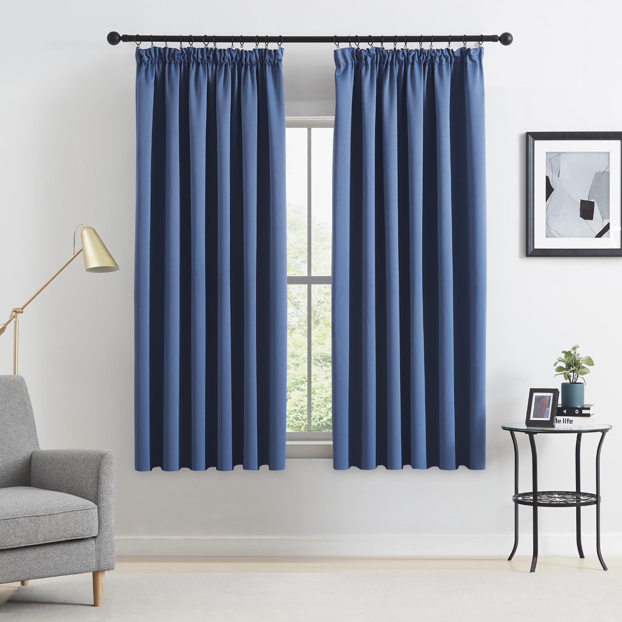 Beauoop Pencil Pleat Blackout Curtains for Bedroom 54 inch Drop Navy Blue Curtains for Living Room Rod Pocket Light Blocking Thermal Insulated Drapes Window Treatment 2 Panels