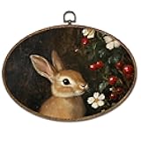 kdqua Vintage Easter Bunny Oval Wall Art Decor,Moody Dark Cottagecore Rabbit Red Berry Botanical Canvas Artwork Framed, Winter Christmas Wall Hanging Decorations for Home Bedroom, 11.4x8.6 Inch
