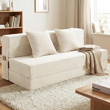 JKMAX Queen Size Folding Sofa Bed - 4 in 1 Convertible Sleeper Chair with 2 Pillows - High Density Memory Foam Futon Sofa - Cot for Living Room/Bedroom Beige