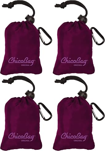 ChicoBag Original Compact Reusable Grocery Bag w/Attached Pouch and Carabiner Clip | Perfect for Shopping, Travel, Organization | Eco-Conscious Packable Tote | Boysenberry Pack of 4