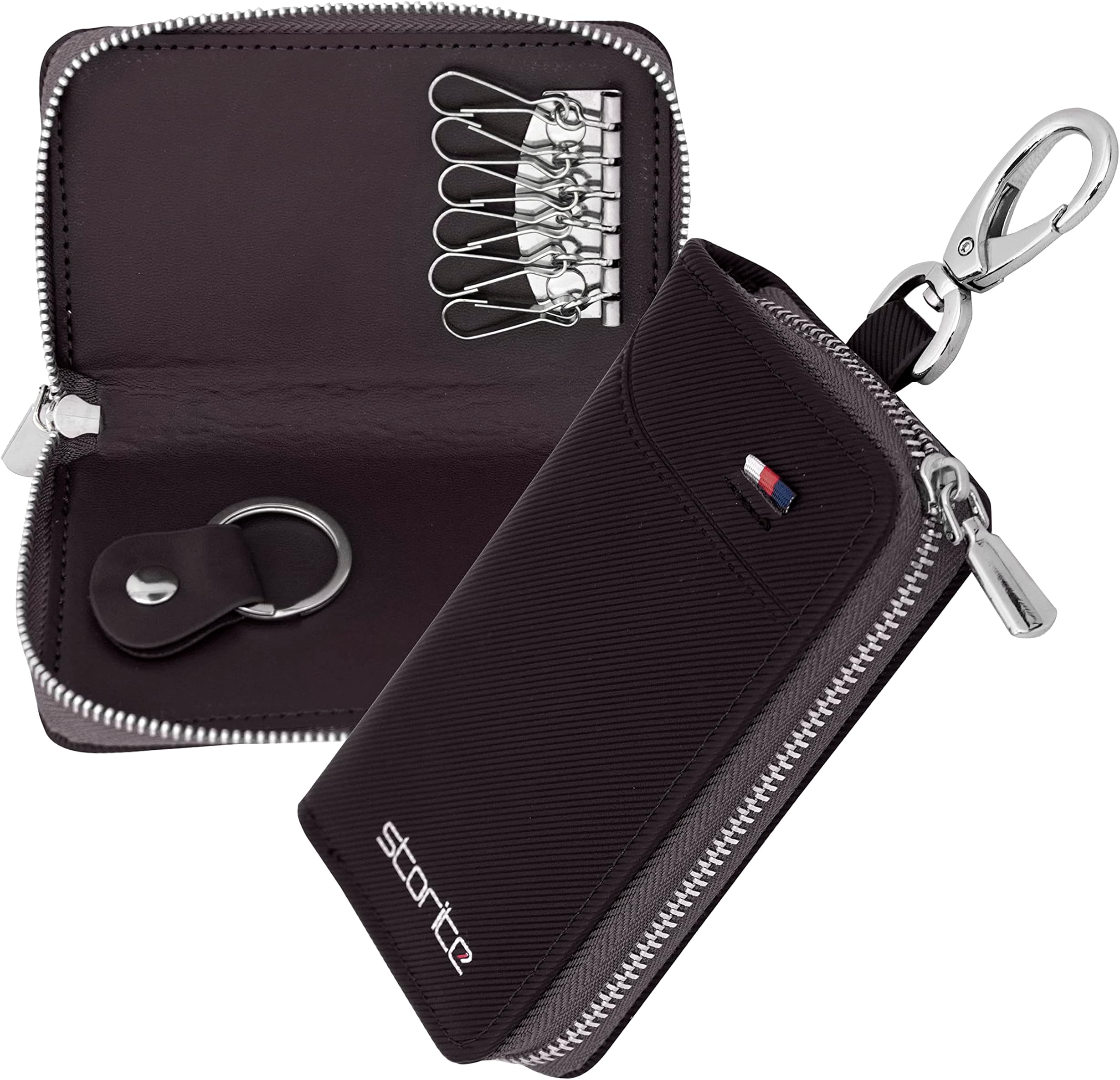 PU Leather Large Key Case Pouch Wallet Key Chain Key Holder Ring with 6 Key Hooks,1 IC Key Ring, Metal Buckle with Zipper Closure. (7.5X2X12 CM - Coffee Brown)