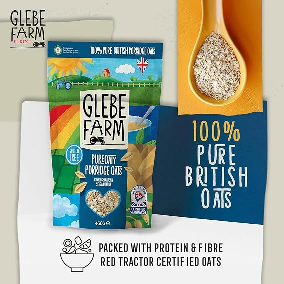 Glebe Farm Porridge Oats 6pk, Healthy Wholegrain Gluten Free For Slow Release Energy, 100% British, All-Natural & High In Fibre, Delicious Porridge With No Hidden Nasties, 6x 450g