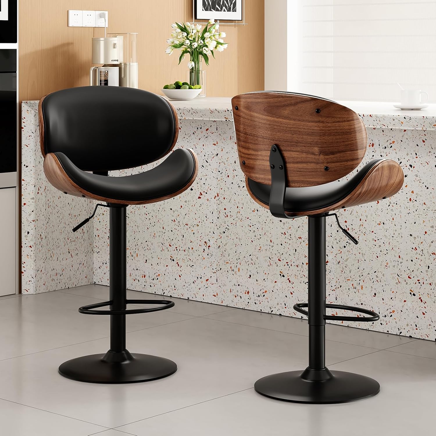 Farini Swivel Bar Stools Set of 2 Adjustable Height Bentwood Barstools with PU Leather Upholstered Seat, Backrest and Footrest,Modern Kitchen Counter Chairs for Bar, Dining Room,Black