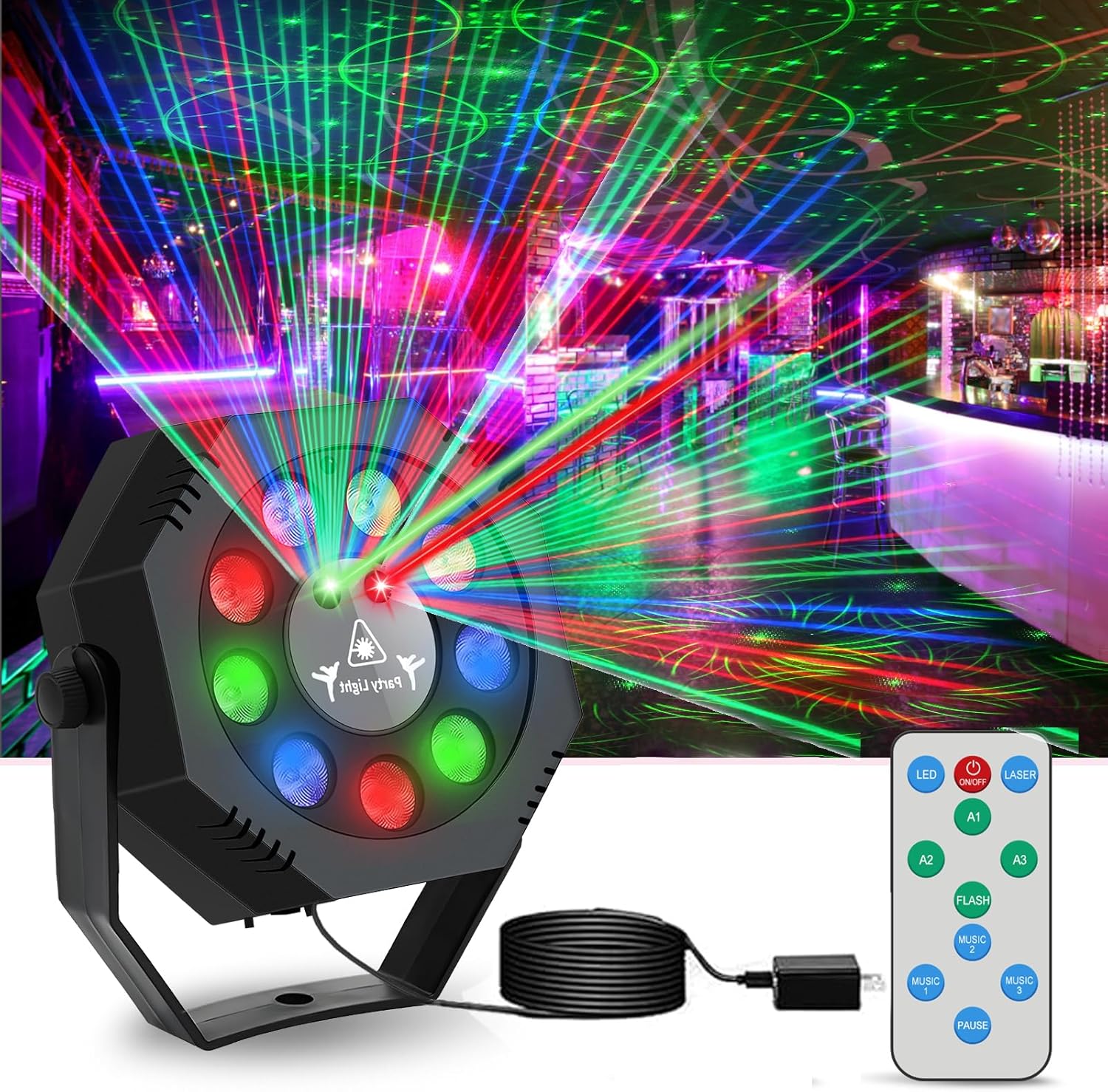 Party Light, Sound Activated DJ Lights with Remote Control, 9 LED Colorful Strobe Disco Light for Indoor Club Parties KTV Halloween Christmas Birthday Decorations Outdoor Glow