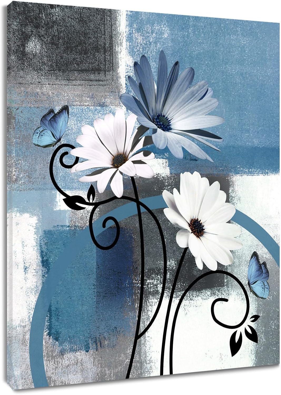 HVEST Rustic Orange Floral Wall Art for Living Room, Daisy Flower and Butterfly on Abstract Geometric Pictures Wall Decor Grey and White Framed Wall Art for Bathroom Bedroom Decor,16L X 12W Inches