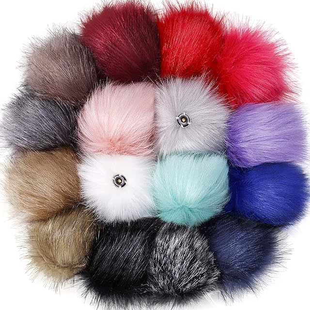 Tatuo DIY Faux Fur Pom Poms Ball with Press Button Removable Fluffy Pompom for Knitting Hats Shoes Scarves Bag Accessories (Colorful, 16)