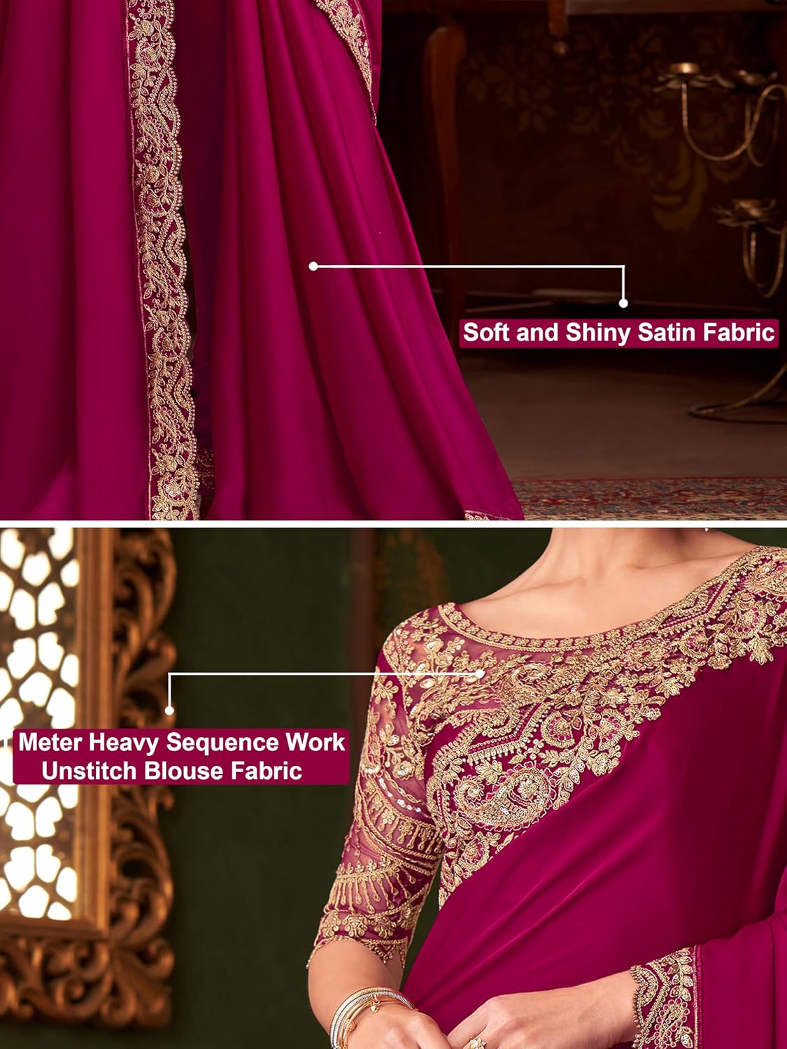 TRENDMALLS Women's Satin Embroidery With Sequence Work Saree with Unstitched Blouse (K1196-Pink)