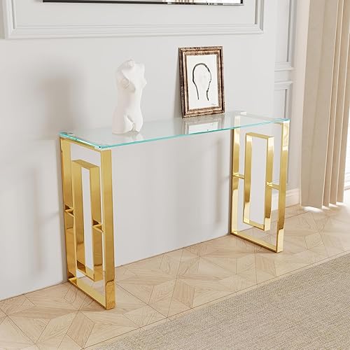 Mesa consola de cristal, moderna mesa de entrada de 47.2 pulgadas, parte superior de vidrio con base de acero inoxidable, mesa de sofá estrecha de