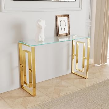 Glass Console Table, Modern 47.2 Entryway Table, Glass Top with Stainless Steel Base, Metal Hallway Narrow Sofa Table Suitable for Entrance, Living RoomGold