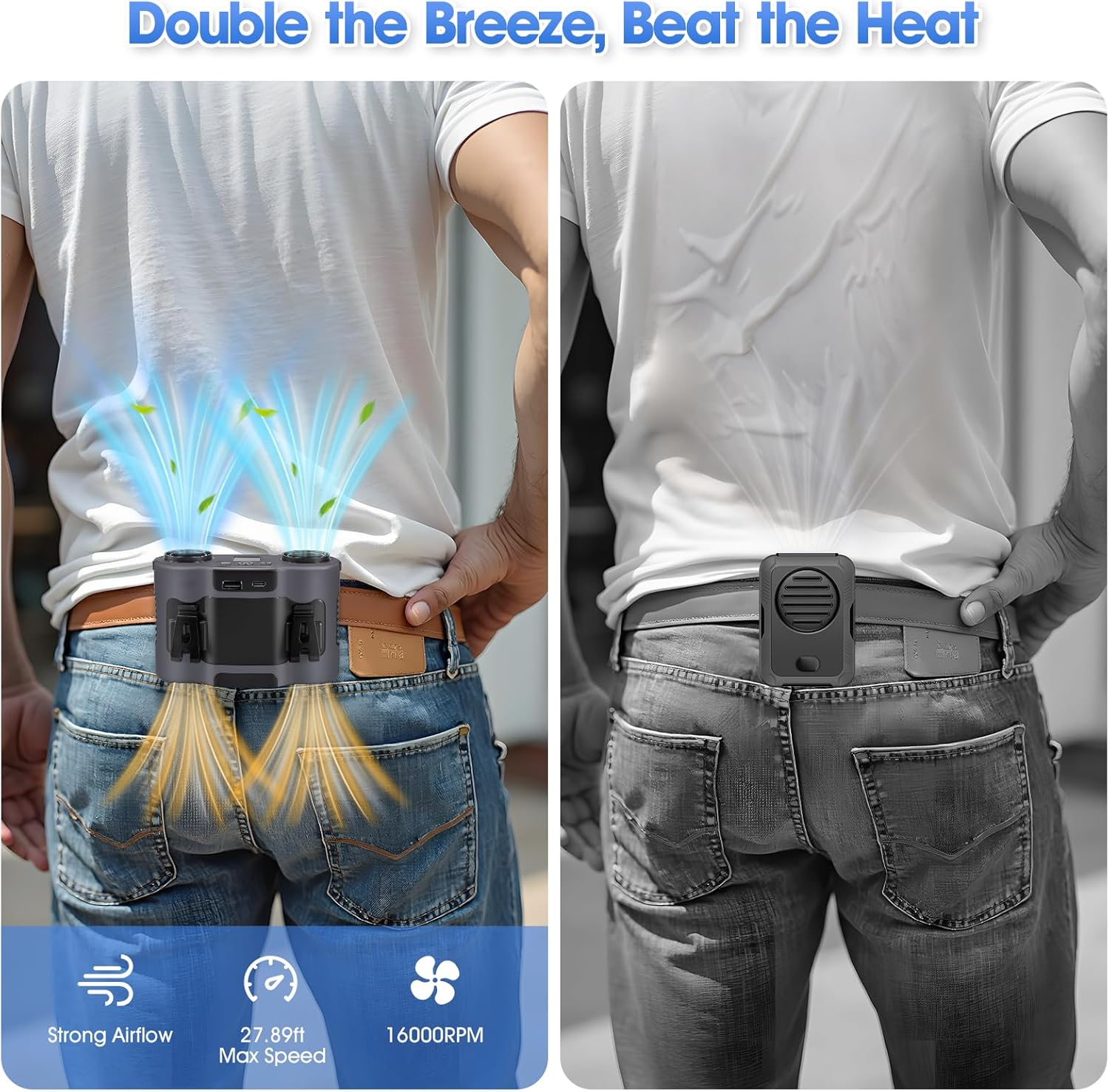 42H Portable Waist Fan, 28000mAh Rechargeable Wearable Belt Fans, 16000 RPM Cooling Neck Body Powerful Shirt Personal Cooling Fan for Outdoor Jobsite Camping Travel in Grey
