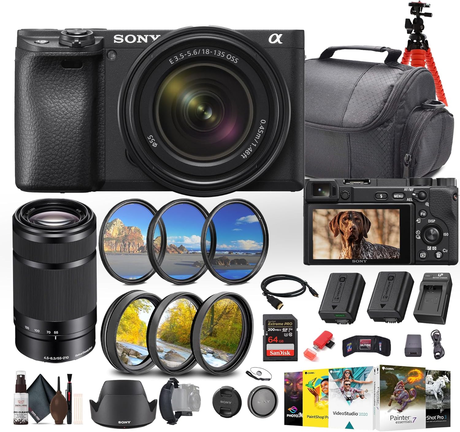 Sony a6400 Mirrorless Camera with 18-135mm Lens (ILCE-6400M/B) + Sony E 55-210mm f/4.5-6.3 OSS Lens + 64GB Memory Card + NP-FW50 Battery + More