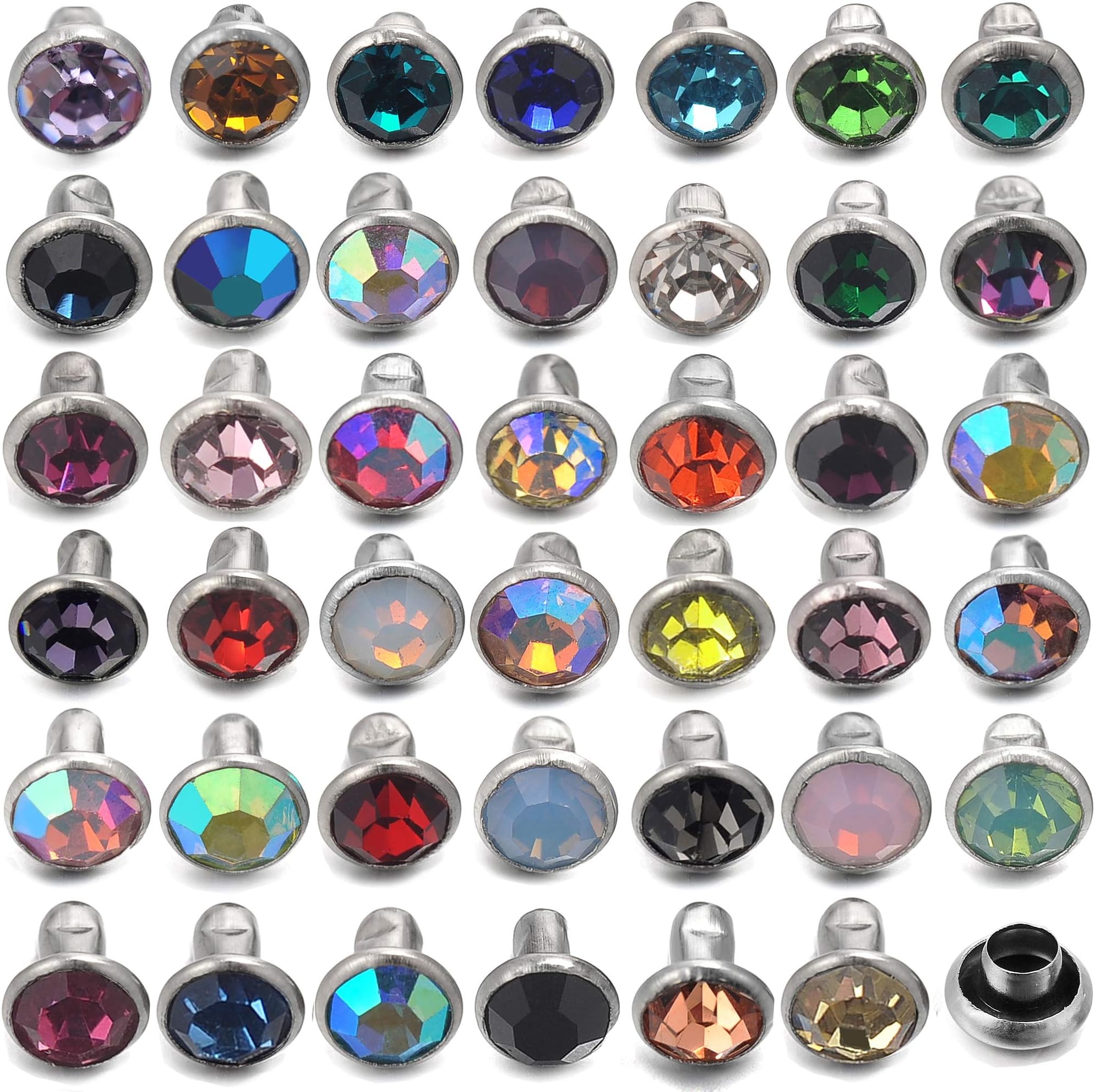 100 Sets 4MM Mixed Colors Cz Crystal Rivets Rhinestone Rivets Studs Rapid Rivets Silver Color Spots Studs for Leather Craft DIY Making