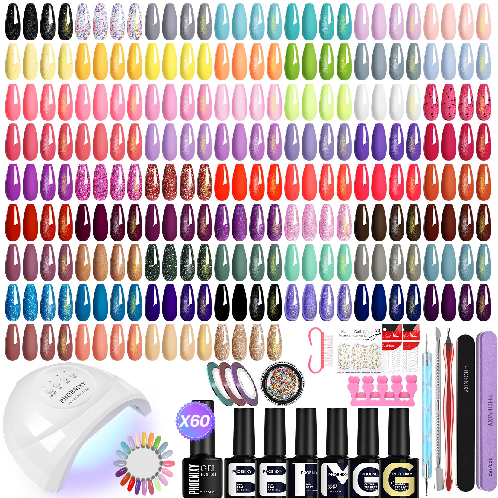 Phoenixy 60 Colores Kit Uñas Semipermanentes, Esmaltes Semipermanentes para Uñas con Lampara Uñas Semipermanentes 48W, Kit Uñas con Base y Top con Brillo, Brillo Dorado, Mate, Brilliant