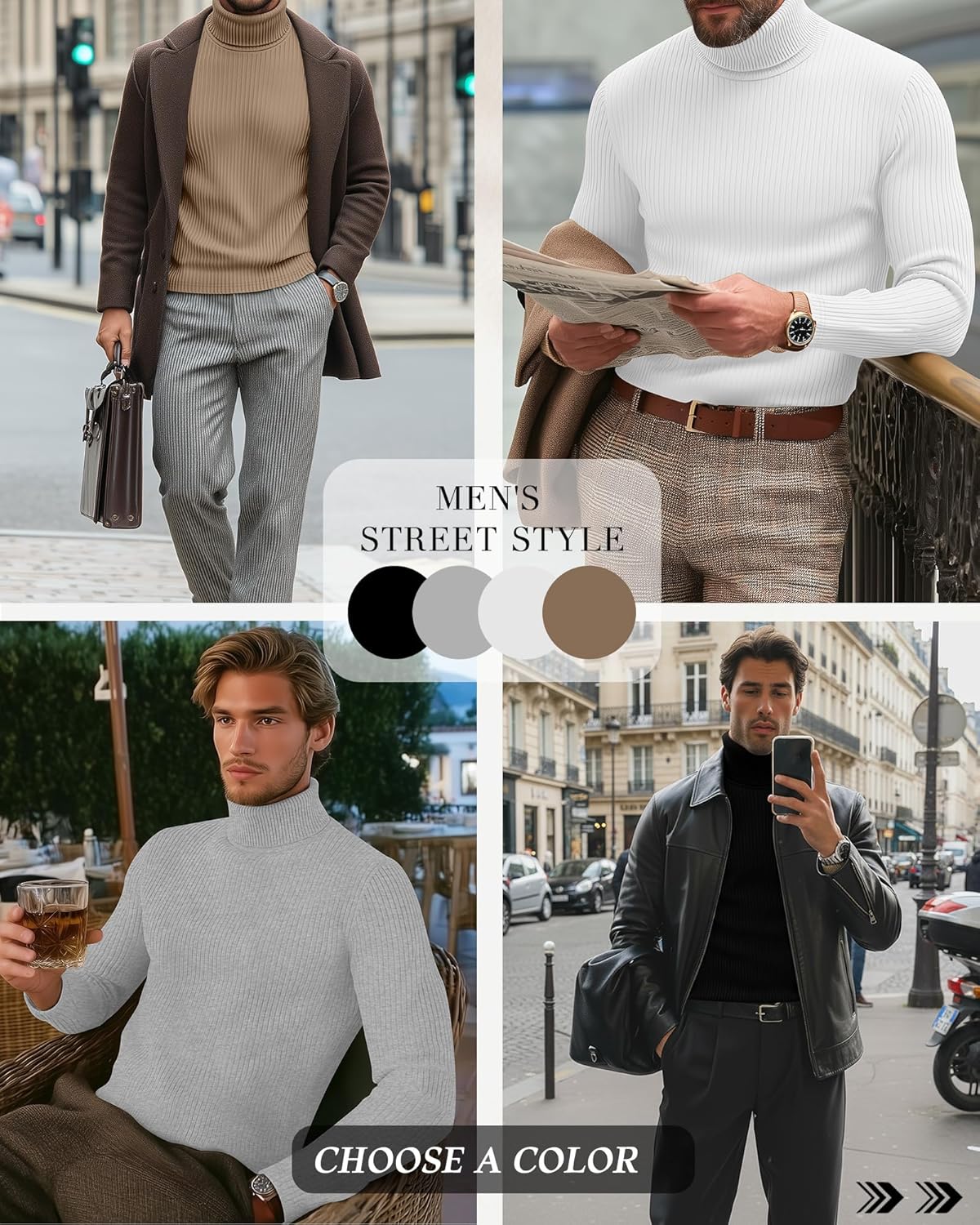 4 Pack Men's Big and Tall Turtleneck Shirts, Cotton Ribbed Long Sleeve Slim Fit Mock Neck Light Pullover Sweaters - Image 2