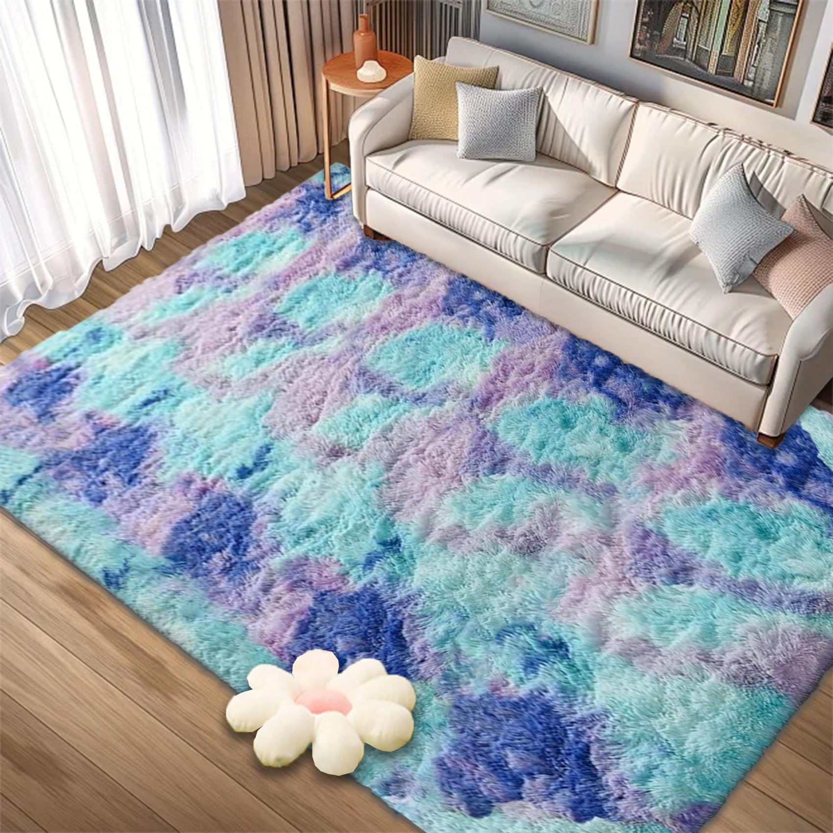 Tapis de salon bleu 180x260 cm moderne et lavable