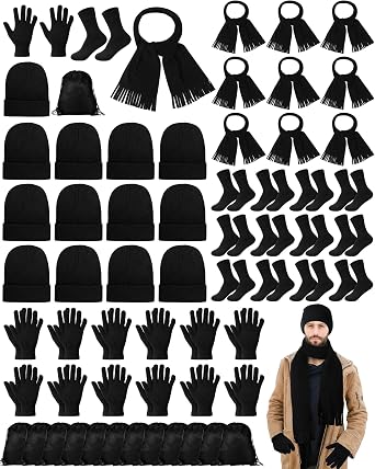 Panitay 60 Pcs Homeless Care Package Supplies Blessing Bag for Homeless Beanie Hat Gloves Sock Scarf Bag for Men Women Winter Black