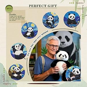 Leatrice 6 Pcs Panda Diamond Art Coasters, Small Diamond Painting Kits for Adults Beginners Women, Gem Art Coasters with Holder, Funny Arts Supplies for Kitchen Decor