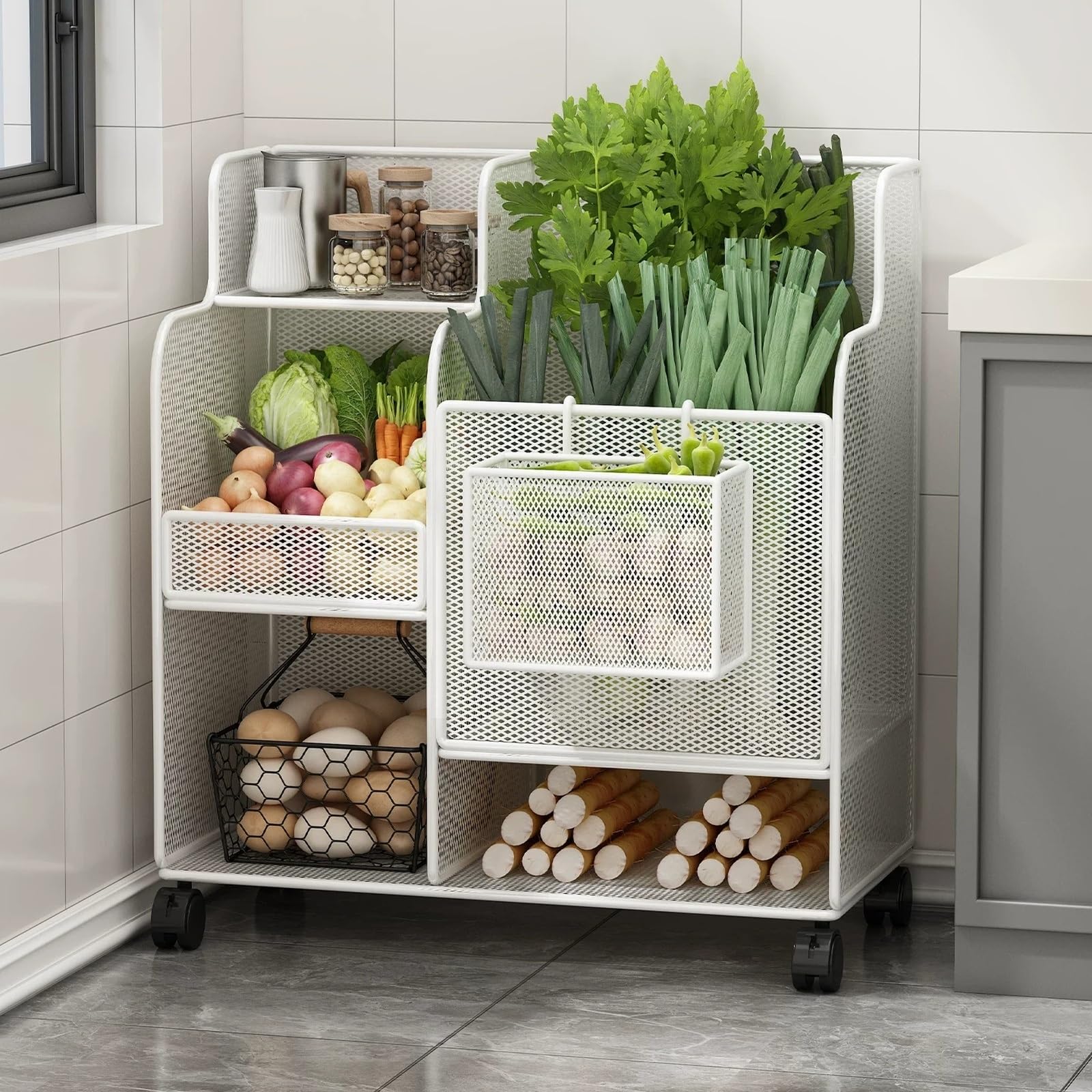 Carrello portaoggetti da cucina Carrello da cucina for frutta e verdura Portaoggetti for la casa(Gold)