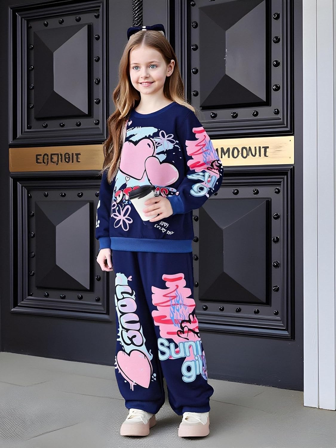 Kids Toddler Girl Clothes Heart Letter Print Long-sleeved round collar top+Letter Print Pants Outfits Set Blue-a 5-6 Years image 4 of 8 B0DP7VPTQB