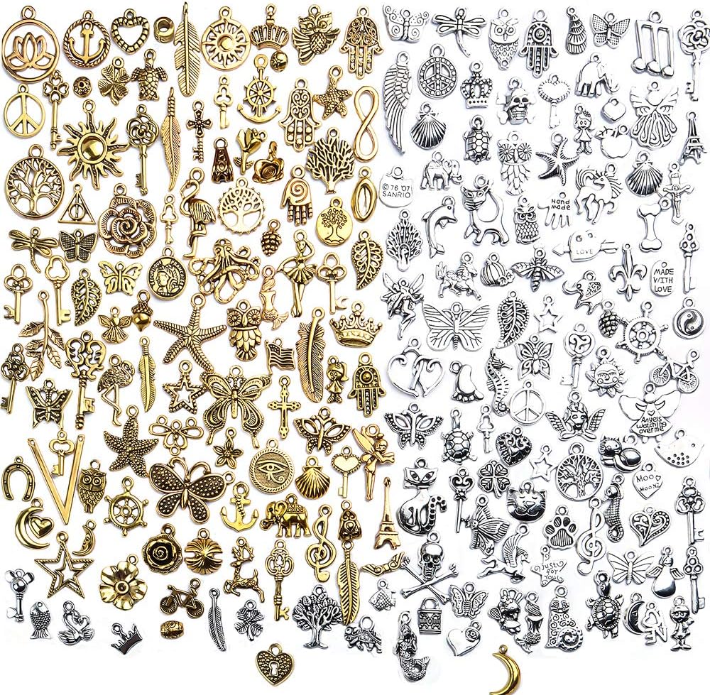 BronaGrand Vintage Charms Bulk,200pcs Mixed Antique Charms Tibetan Alloy Pendants for Necklace Bracelet Jewelry Making and Crafting,Antique Silver & Gold