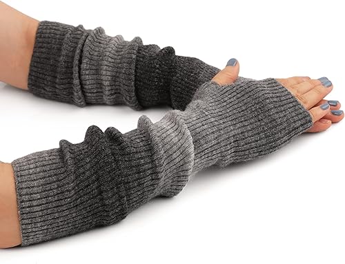 F Flammi - Guantes largos, abrigados, tejidos sin dedos de cachemira para mujer con orificio para el pulgar