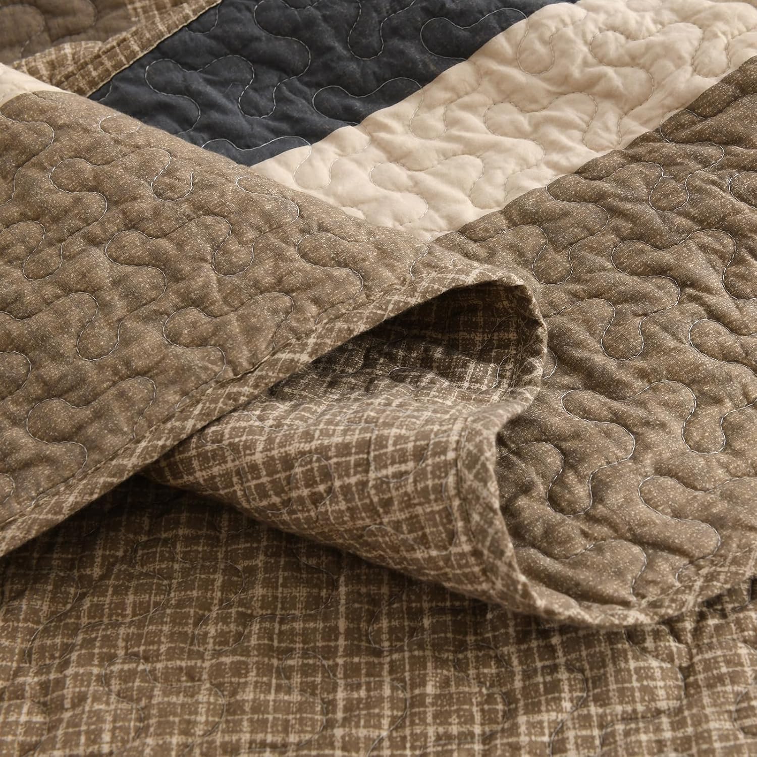 Bedduvit 100% Cotton Patchwork Plaid Bedspreads King Size, 120"x120" Farmhouse Oversized Quilt Set, Reversible All Season Lightweight Comforter Coverlet Set with 2 Pillow Shams, Charcoal/Beige/Brown
