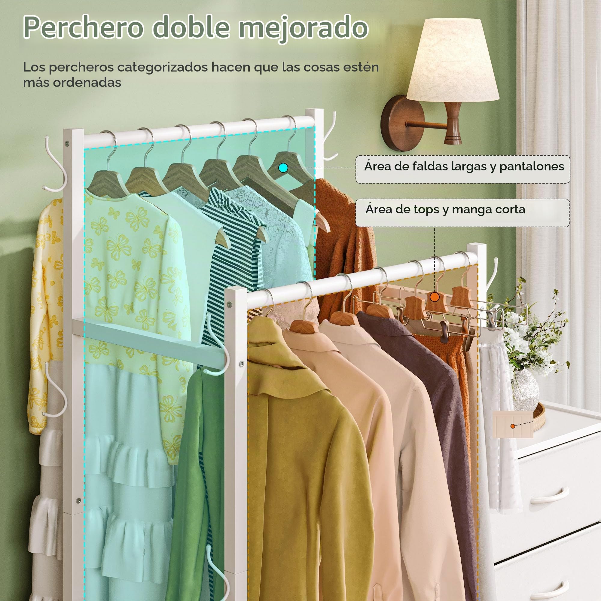 FEONASE Cómoda 3 en 1 para Dormitorio, Incluye 4 Cajones De Tela, con 2 Percheros y 5 Ganchos para Abrigos, El diseño Inferior De Almacenamiento De Tres Capas Puede Contener Zapatos, Bolsos, Ropa y