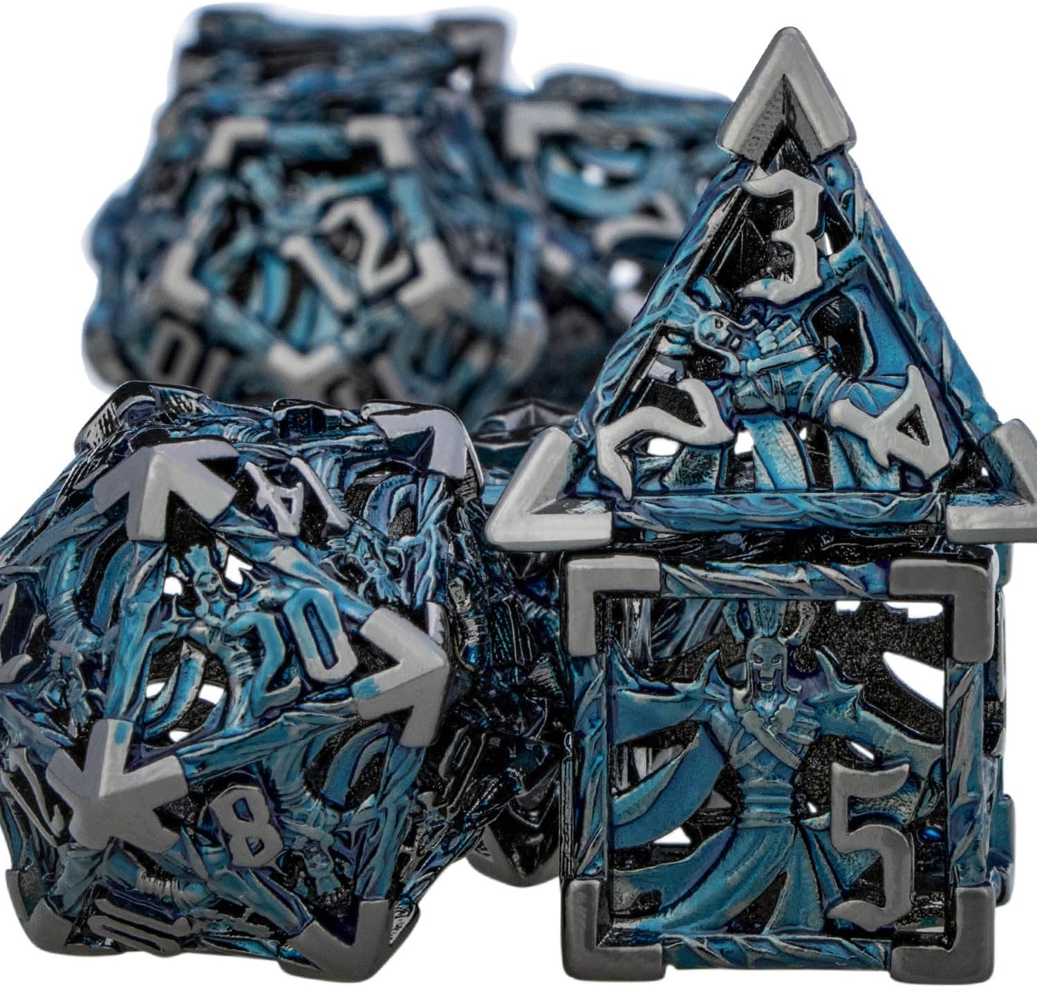 Metal D&D Dice Set, Blue Black, 7pcs Polyhedral, Wizard Theme, Acererak Design