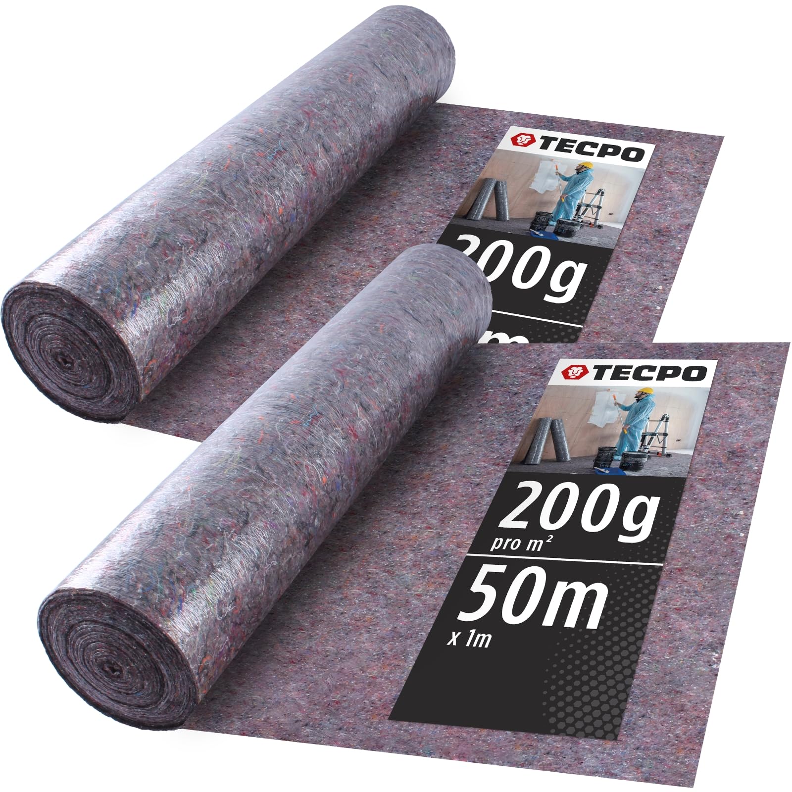 TECPO 2 rollos de vellón de pintor, 50 m, 200 g/m², revestimiento antideslizante, antifiltración, antideslizante, resistente al polvo, adecuado para renovación, cubierta, líquidos