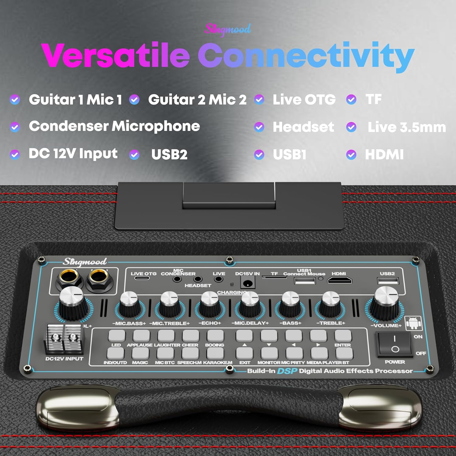 Top control panel of the SINGMOOD S-68 karaoke machine, showing various knobs for microphone and speaker adjustments, and input ports.