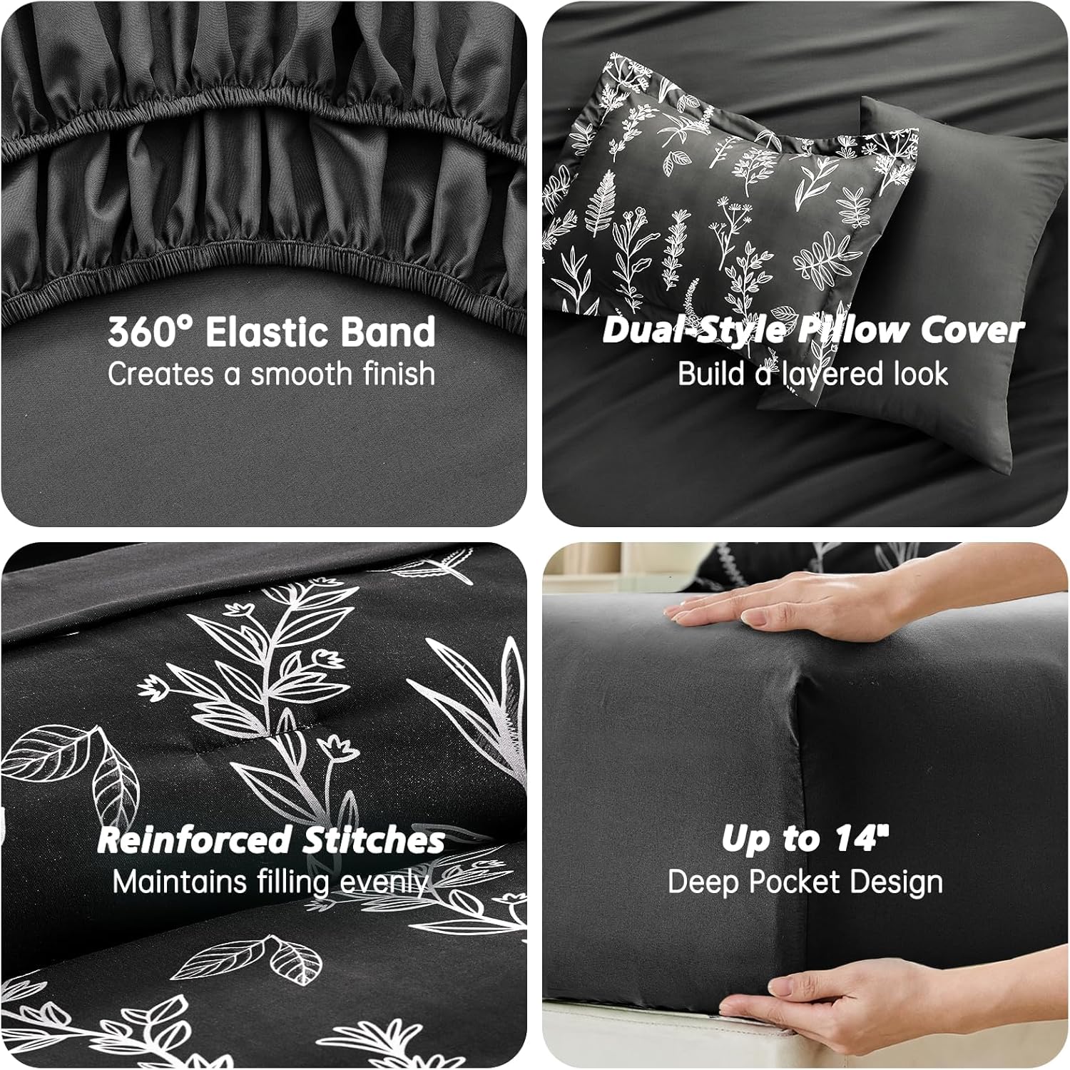 MUXHOMO Black California King Comforter Set, Elegant Floral Print Bed in a Bag 7 Pieces, Ultra Soft & Breathable Reversible Botanical Pattern Bedding Set with Comforter, Sheets, Pillowcases, and Shams - Image 7