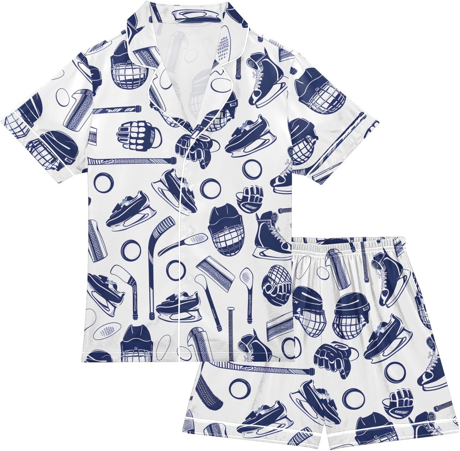 Kids Satin Wear Set Ice Hockey Equipment Skates Pattern Relaxed Fit Clothing Short Sleeve and Shorts