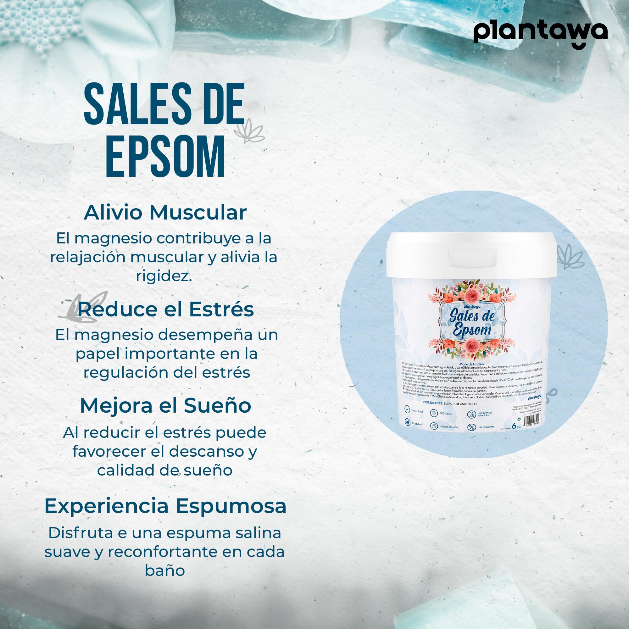 Plantawa Epsom sól 6 kg, koncentrat soli do kąpieli z czystego magnezu, naprawa i pieniąca kąpiel, bez toksyn i dodatków, regenerujący sen | 100% naturalna, skuteczna pielęgnacja ciała.