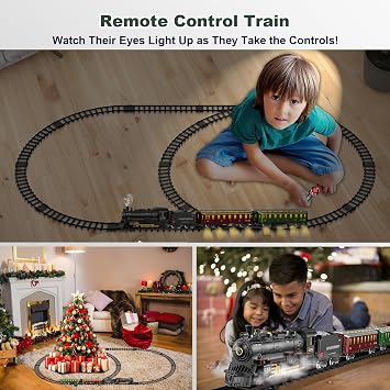 Electric Train Sets Remote Control for Kids Christmas Train Toys Steam Locomotive w/3 Smokes, Glowing Passenger Carriages, Luxury Tracks, Light & Sounds Birthday Gifts for Boys Girls