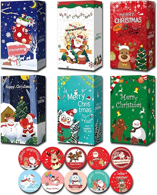 CASPLUS 30 Pcs Christmas Paper Bags, Karft Party Bags, 6 Christmas Elements Themed Design with 30 Pcs Stickers for Xmas Party,Kids' Birthday and Classroom
