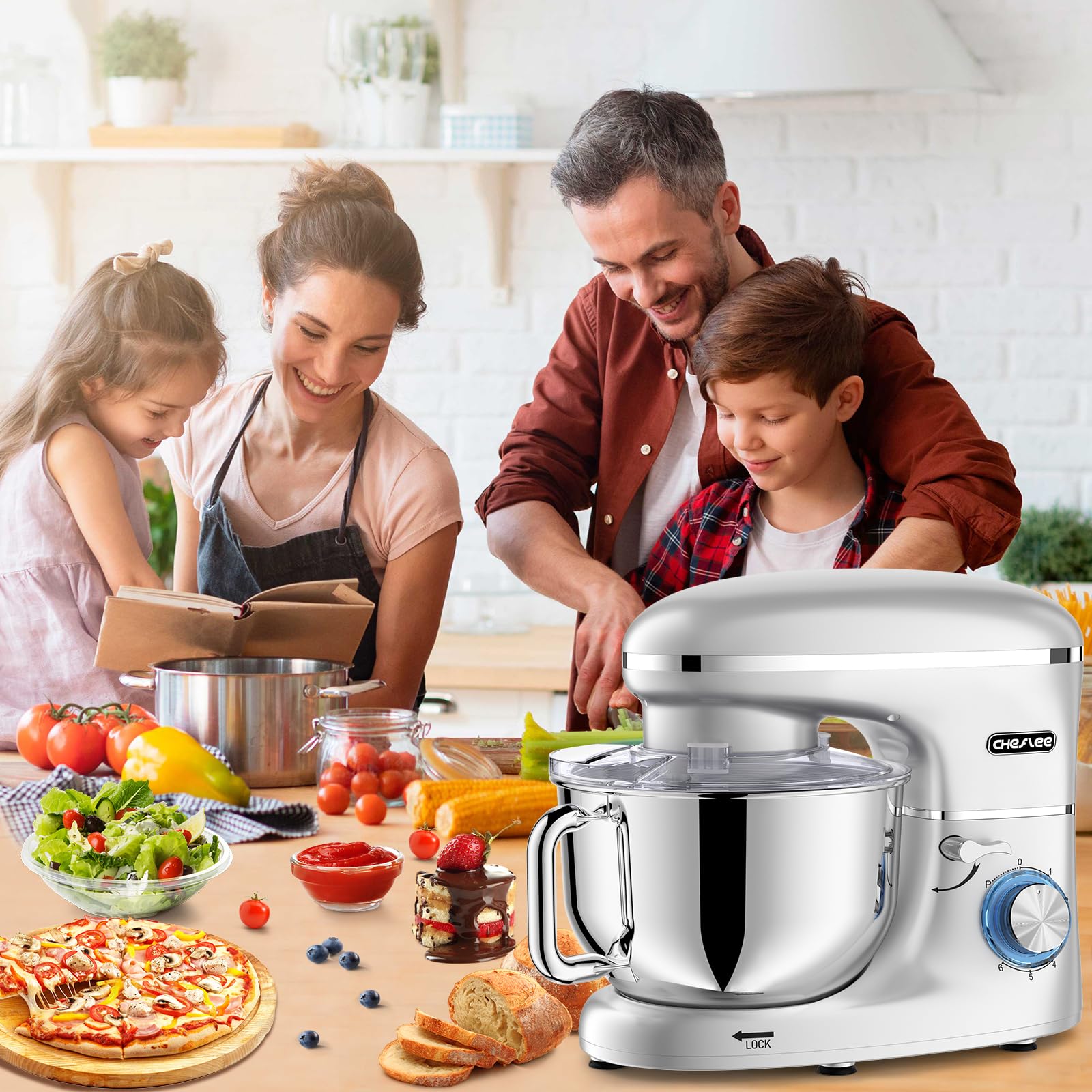 CHeflee Robot Pâtissier, 2000W Robot Pétrin, 6.2 L Robot de Cuisine Multifonction Faible Bruit avec Bol en Acier inox de,Batteur, Fouet & Crochet 6 Vitesses